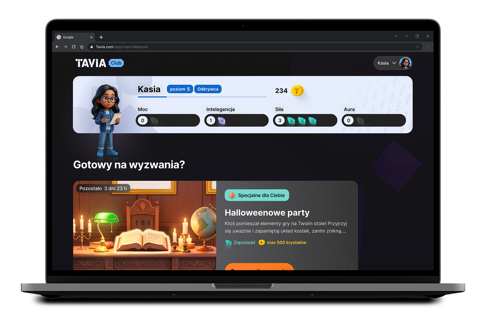 Podgląd platformy TAVIA na laptopie